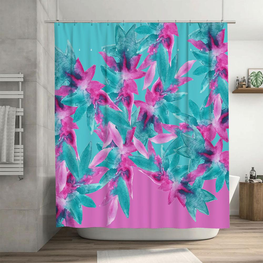 Watercolor Floral Print Shower Curtain Set Waterproof Fabric with Hooks Pink Blue Colorful Bath Decor Perfect Gift for Her Size: