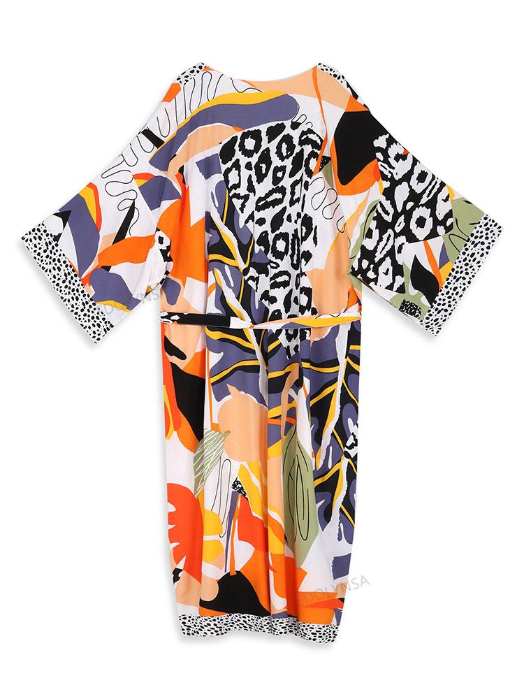 EDOLYNSA 2024 Multicolored Women Bikini Kimono Cardigans Boho Print Long Bathing Suit Cover Ups Swimwear Plus Size Loungewear with Self Belt Outfits
