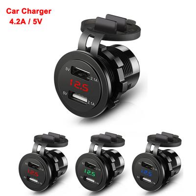 5V 4.2A Dual USB Car Charger Socket with LED Voltmeter Digital Fast Charging Socket Outlet Adapter 12V/24V for Motorcycle Boat