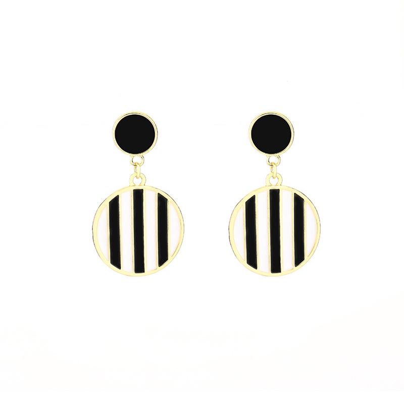 Black & White Striped Round Dangle Earrings - Korean Fashion, Versatile, High-End Jewelry