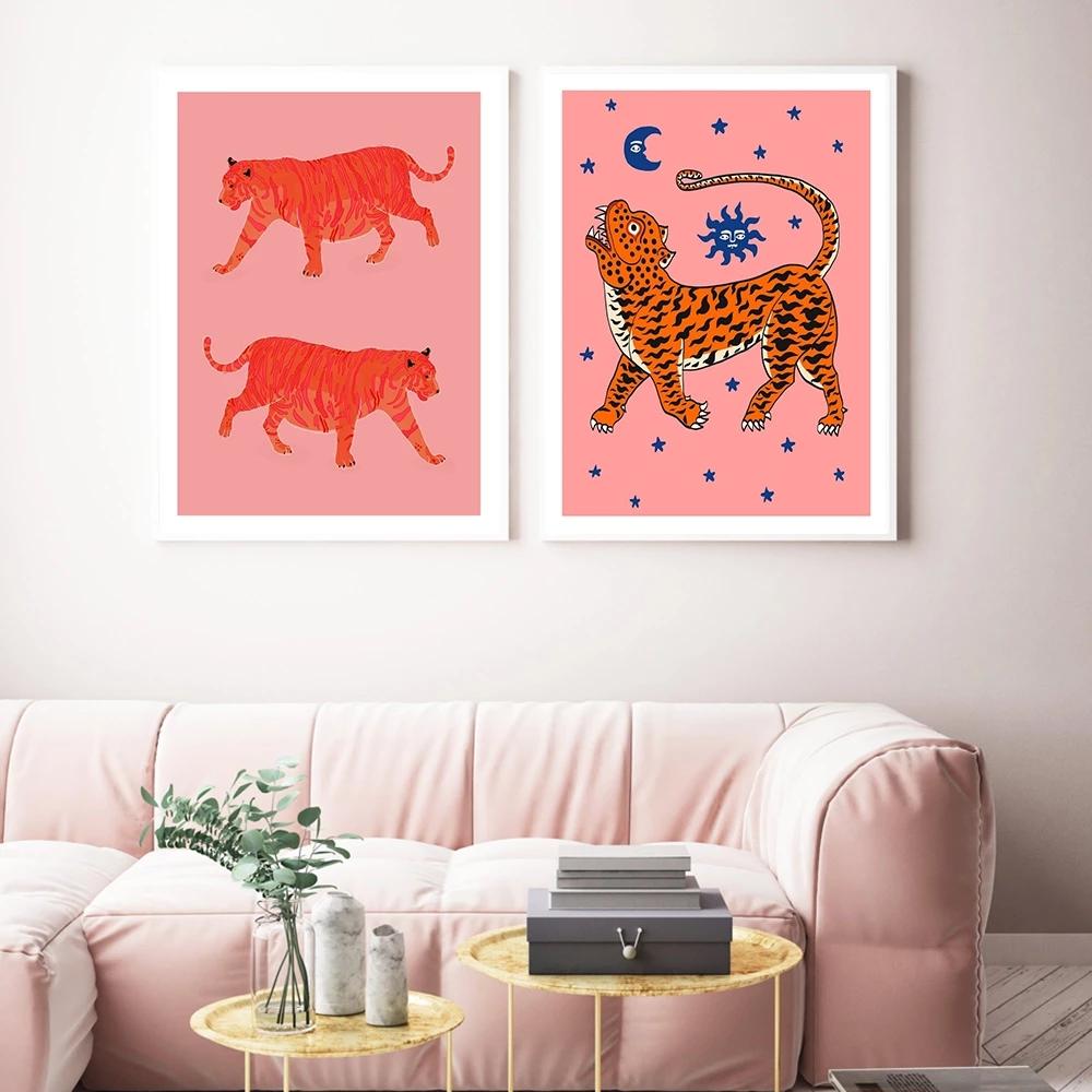 Moldura de madeira sólida Bagua Tigers Green Art Prints Animais Pintura em tela Boa sorte Tigre Pôsteres Quiromancia Cartomante Imagens de parede Decoração para casa