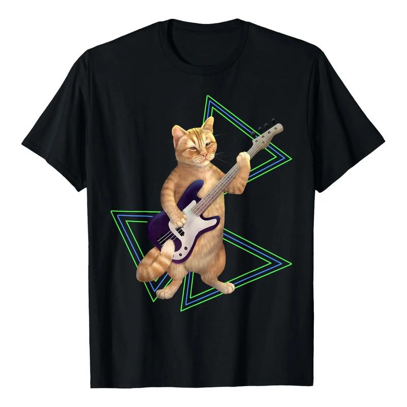 Gato Bass. Camiseta Naranja Con Un Gatito Tocando El Bajo S