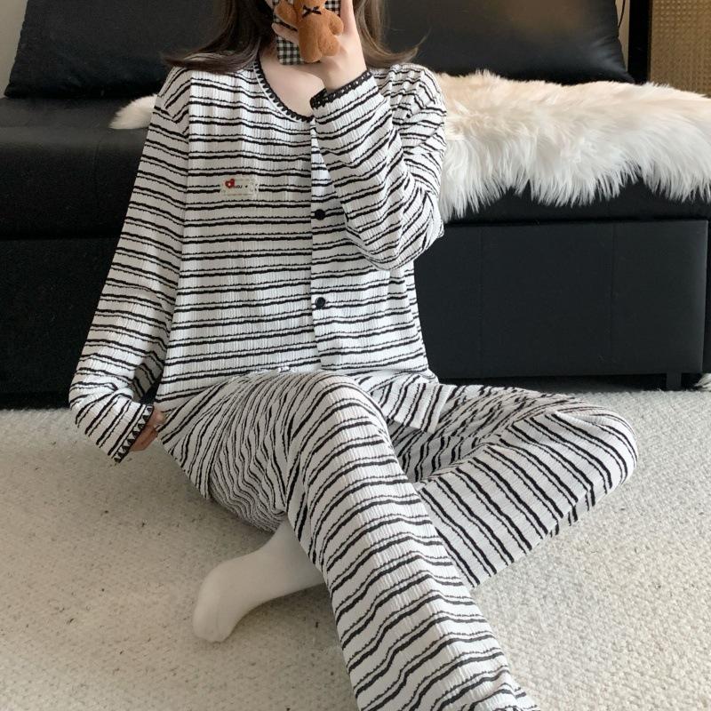 Korean Pink Striped Women's Pajama Set - Spring/Autumn 2026, Sweet Long Sleeve Cardigan Loungewear