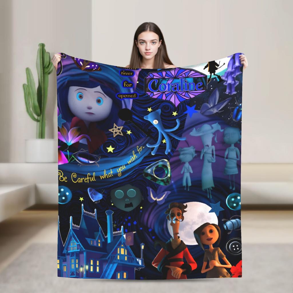 Coralines Animated Movie Blanket  Travel Flannel Throw Blanket For Living Room Warm Soft Custom DIY Quality Bedspread Gift Idea