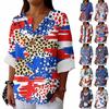Women's Fashion Casual Button V-Neck Cotton And Linen Independence Day Printed Seven Sleeve T-Shirt Top