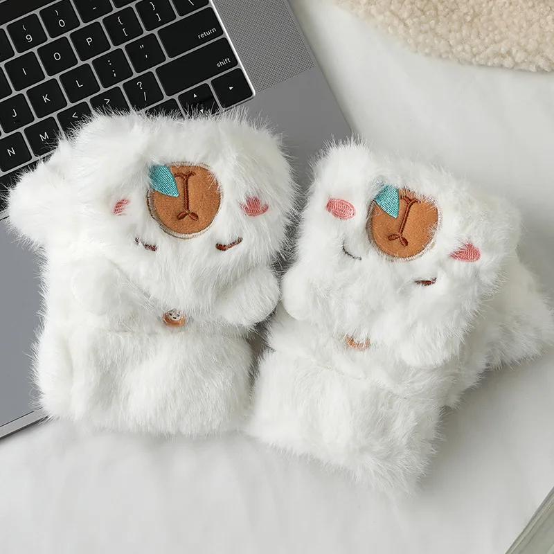 

Cute Capybara Plush Gloves Half Finger Flip Cover Fleece Lined Thickened Riding Warm Winter Touchscreen Compatible Student Average size белый