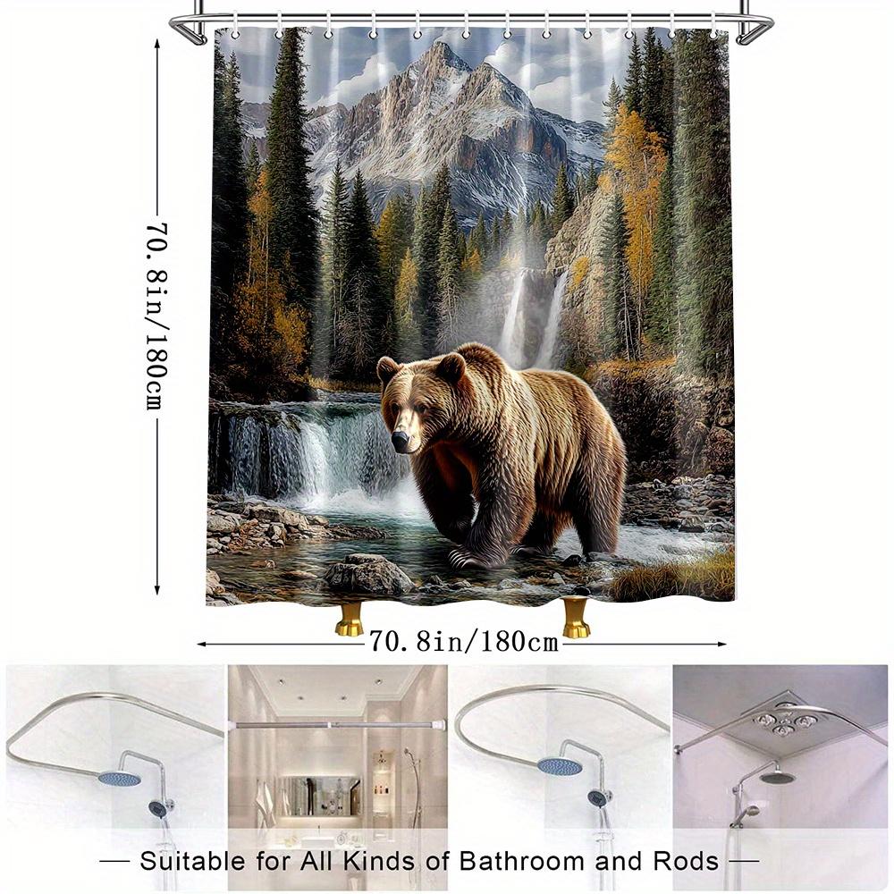 1pc Large Bear Shower Curtain - Nature Scene Bathroom Decor with Brown Bear, Mountain Landscape & Waterfall, Machine Washable