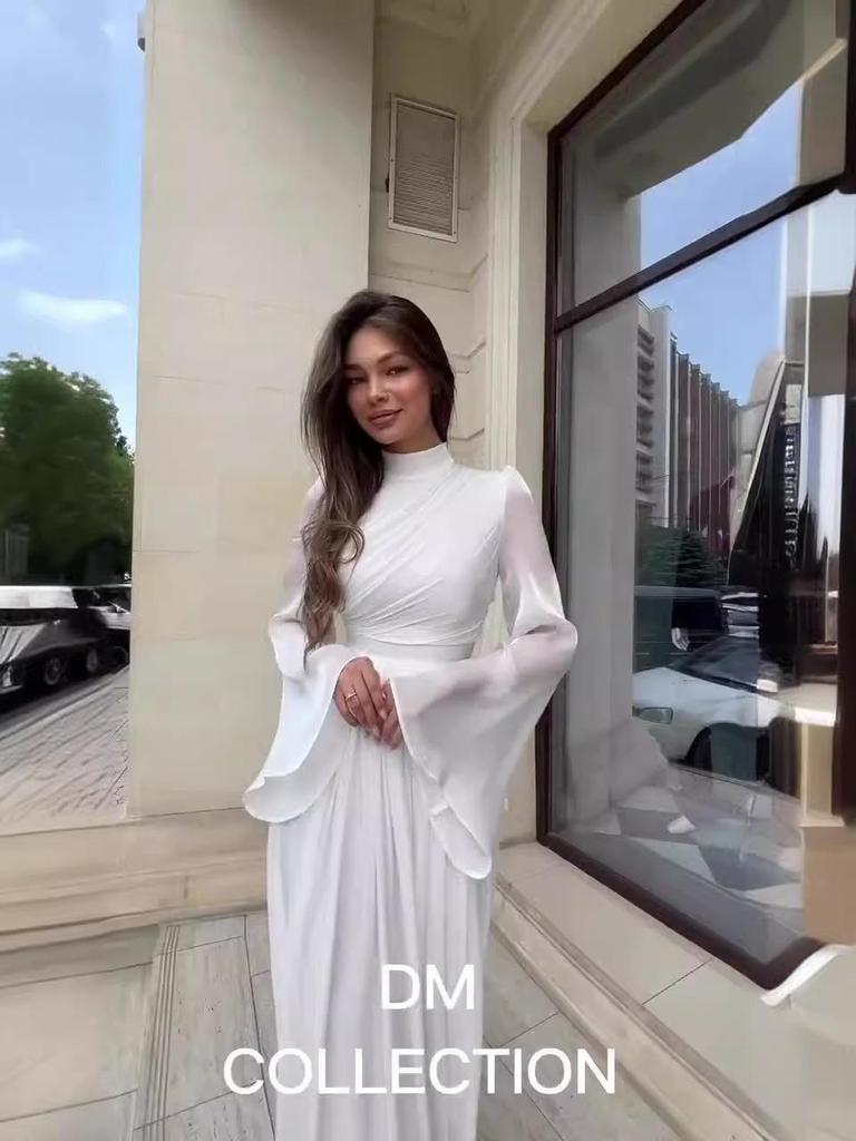 2024 Autumn Solid Color Bell Sleeve Casual High Waist Long Dress