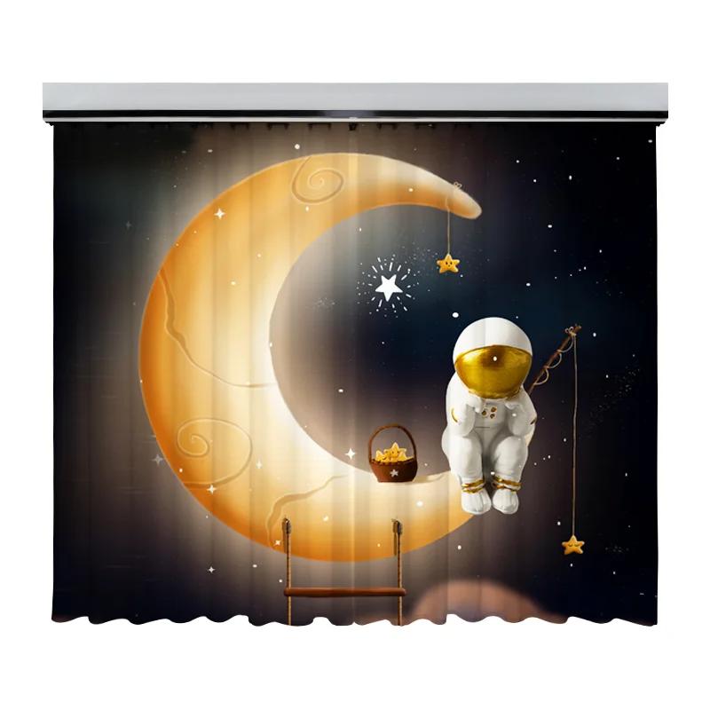 Creative Ins Style High Shading Curtain Astronaut Science Technology Sense Starry Sky Space Boy Game Bedroom Blackout Drape 2PCS