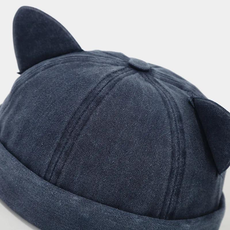 New Creative Cute Cat Ears Adjustable Melon Skin Hat Women Fashion Versatile Brimless Dome Landlord Cap Hip Hop Men Beanie Caps