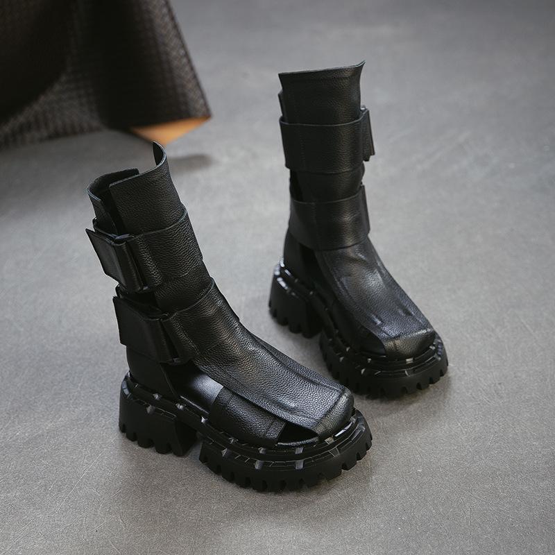 2026 Summer New Arrival Women's Genuine Leather Roman Sandals Chunky Platform Ankle Boots Hollow Out Retro Fashion Walking Shoes