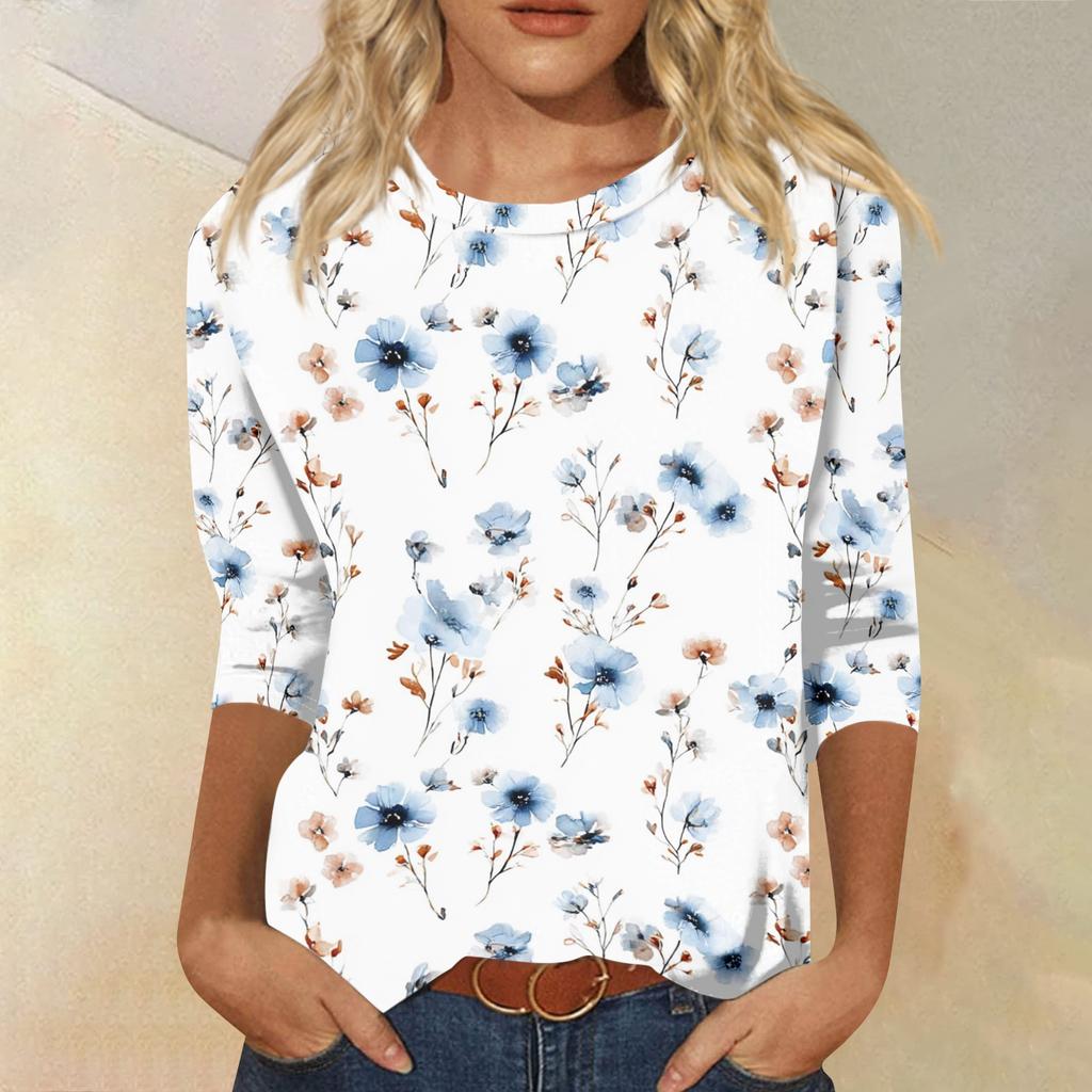 Women's Fashion Casual Round Neck 3/4 Sleeve Loose Printed T-Shirt Ladies Top