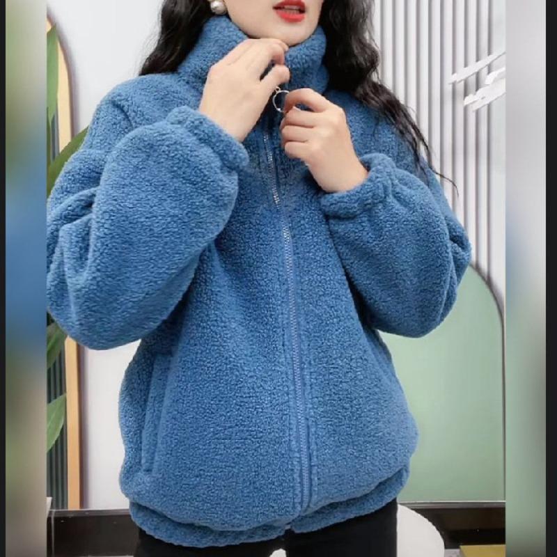 Dames Dikke Fleece Standkraag Jas Meerkleurig Warm Casual Herfst Winter Gezellige Buitenjas