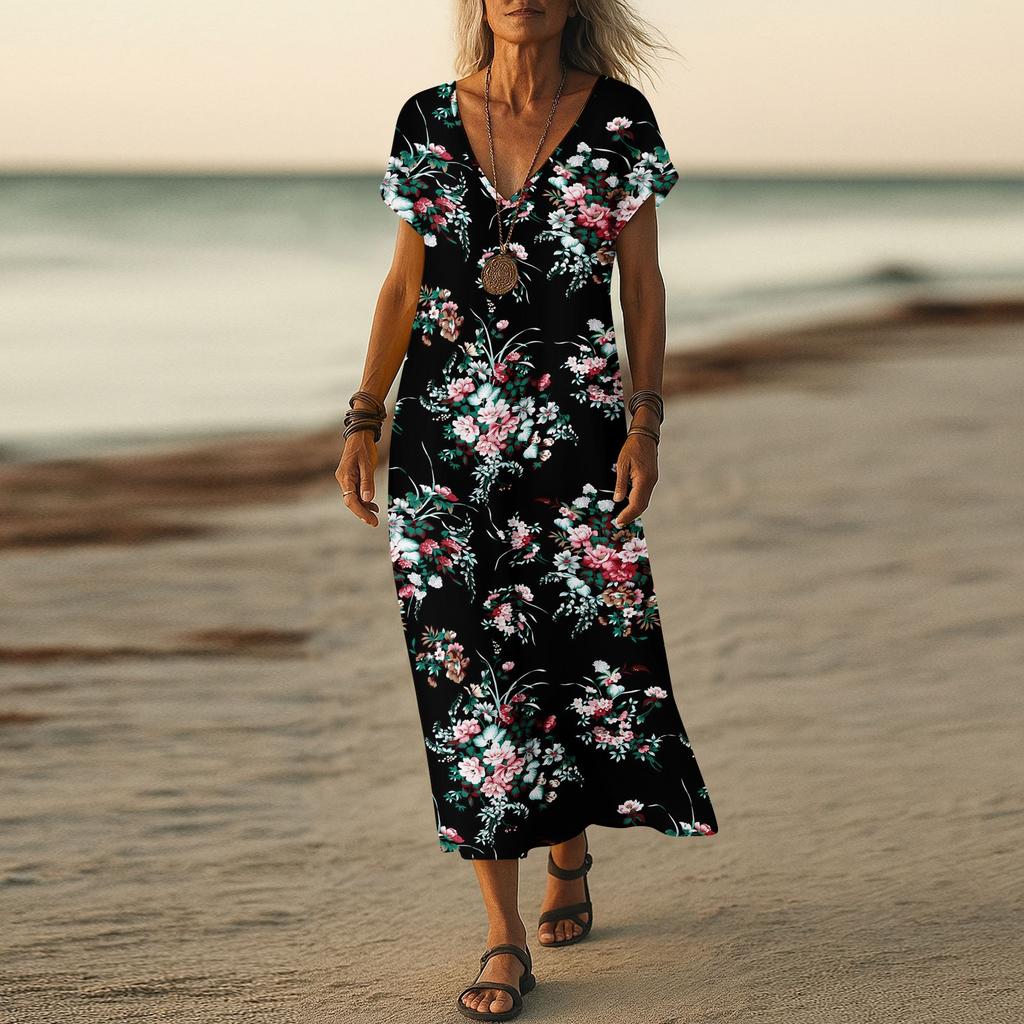 Summer Dress Women's Long Boho Beach Dress Elegant Maxi Dress V-Neck Short Sleeve Summer Tunic Dress Light Airy