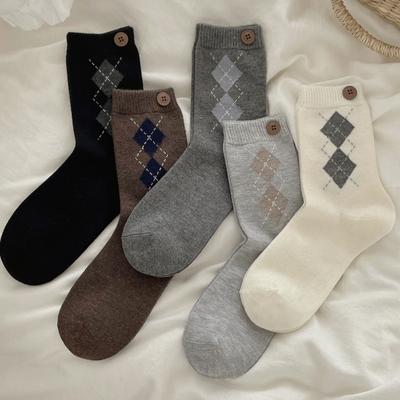 Diamond-shaped Wool Socks, Mid-calf Socks, Autumn and Winter Women's Casual Thickened Warm Women's Socks, Pile Socks