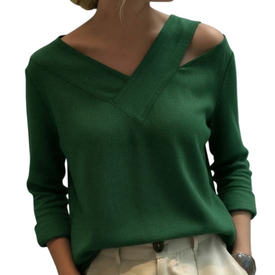 

Women T-shirt V-Neck Off Shoulder Long Sleeve Pullover Tops Pure Color Loose Fit Summer Casual Shirt Daily Wear XXL зелёный