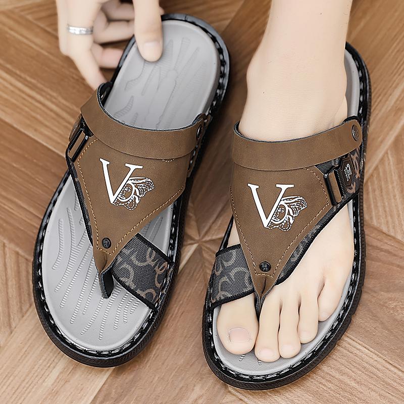 Men Flip Flops Hiking Sandals Leather Outdoor Summer Grey Black Wide Palm Blue Beach Shoes Plus Size Open Toe Plus Size