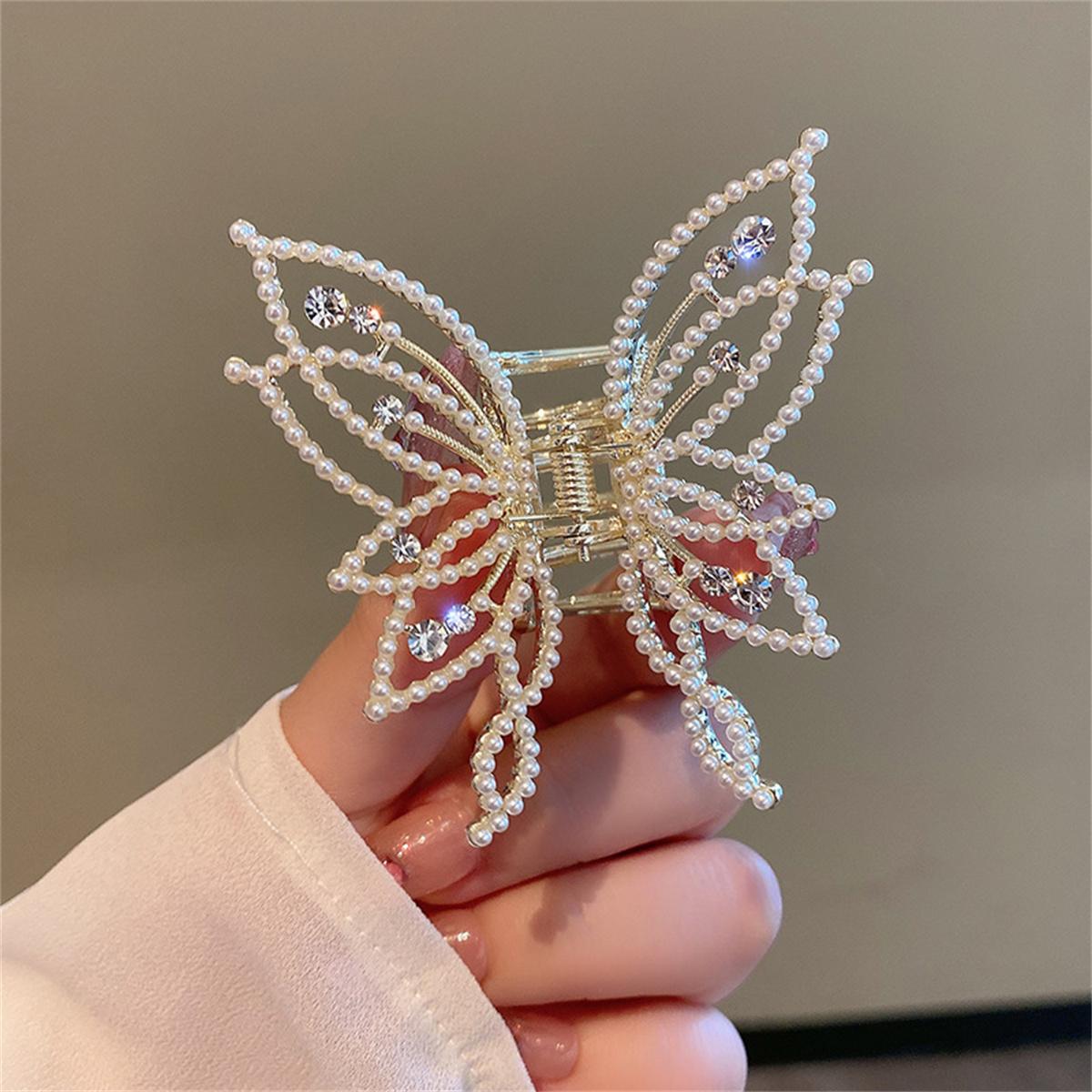 Women Girls Elegant Metal Pearl Rhinestone Butterfly Hair Clips Claw Barrette Hair Accessories жемчужный