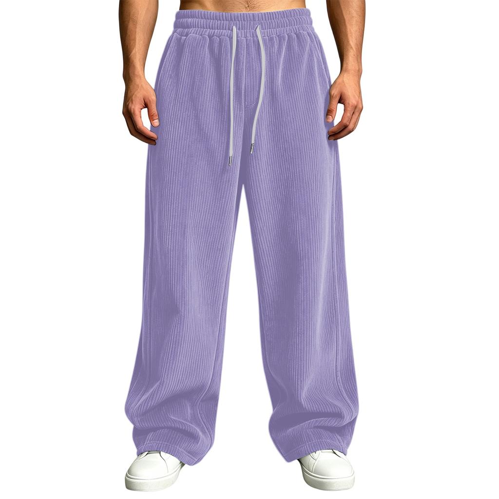 Pantalones de pana para hombre de cintura alta con bolsillos de corte holgado pierna recta ancha color casual