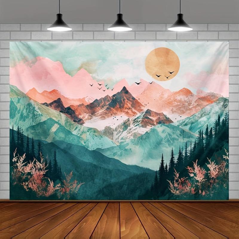 One backdrop for a photo of mountain forest trees at sunset, a polyester fiber natural landscape hanging cloth, party decoration
