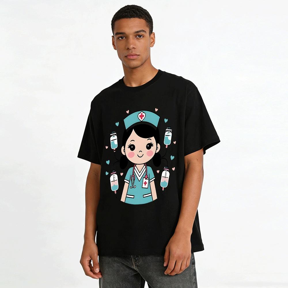 Cute Nurse Themed Top With IV Bag Graphic For Medical Workers Pure cotton T-shirt