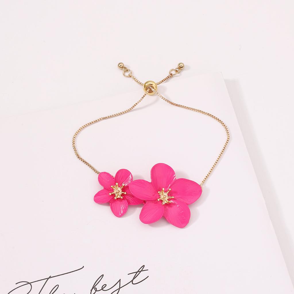 Adjustable Metal Flower Bracelets For Women Fuchsia Color Enamel Summer Style Fashion Jewelry Holiday Accessories Gifts