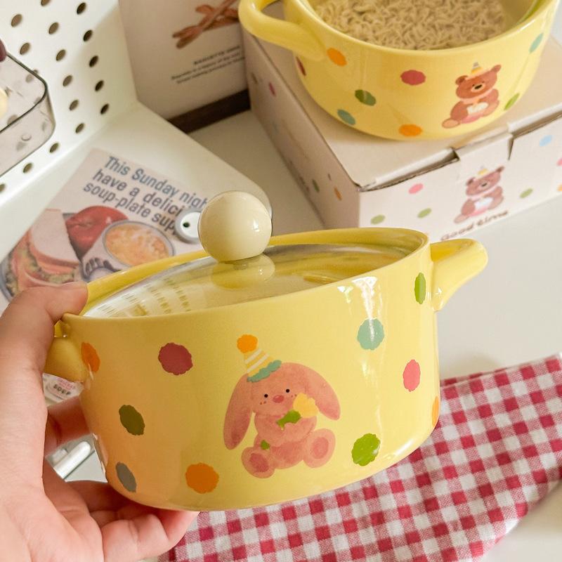 Cute Polka Dot Binaural Instant Noodle Bowl with Cover Student Dormitory Large Capacity Instant Noodle Bowl Personal Special Snail Powder Bowl