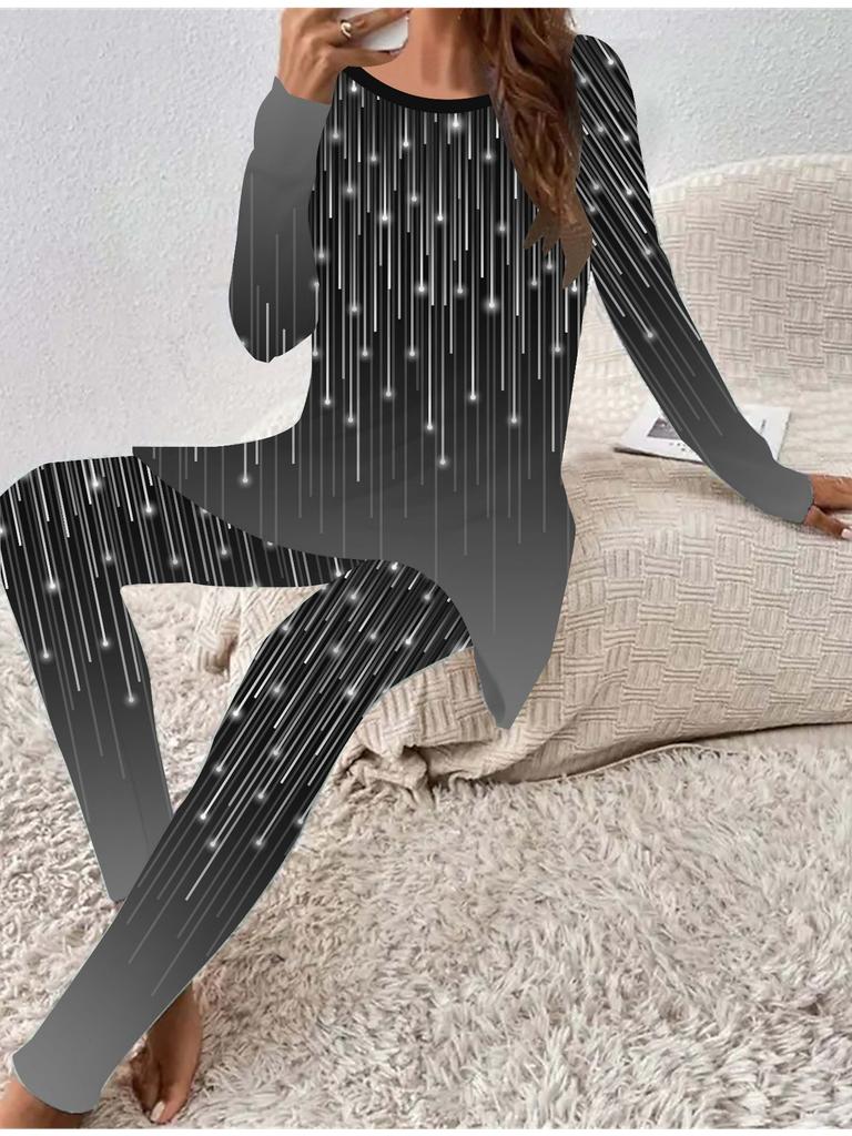 Euro-amerikanische Mode 3D Meteor-Druck Damen Vier-Jahreszeiten Langarm-T-Shirt + Lange Hose Zweiteiliges Set. Perfektes Geschenk für Neujahr & Weihnachten