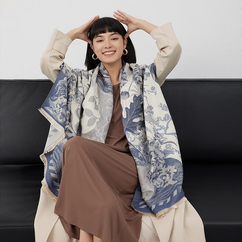Scarf Women'S Winter Explosion Shawl With Double Use, Lengthened And Thickened Imitation Cashmere Tassel Retro Elegant Temperament Scarf