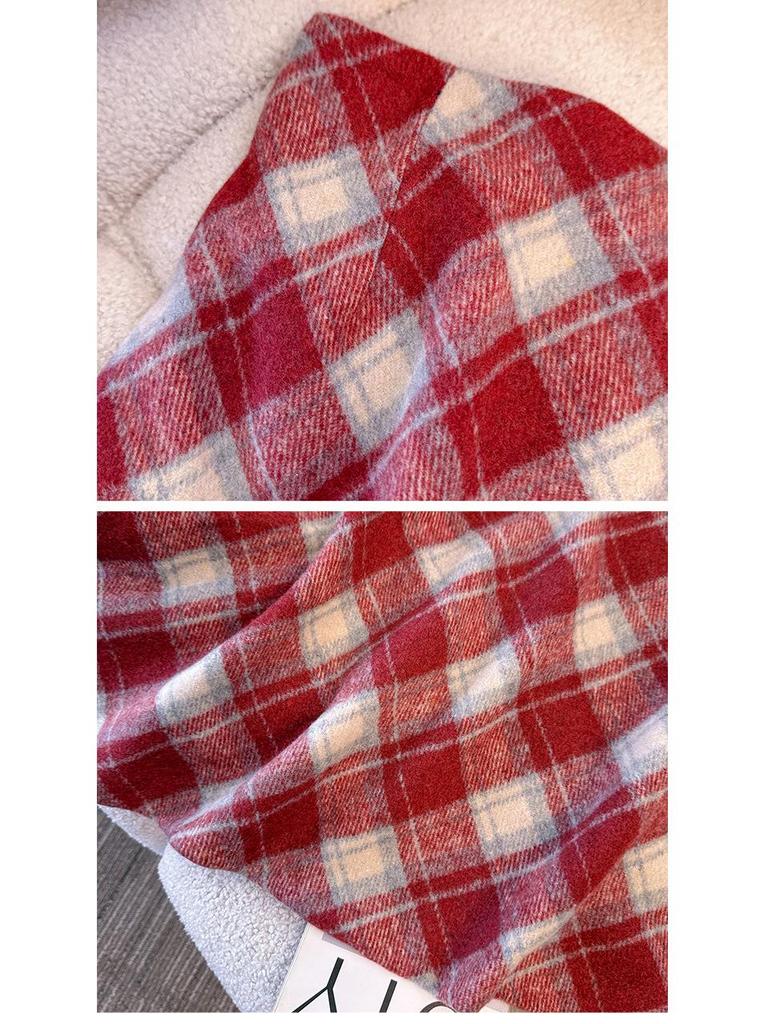 Plus Size Retro Red Plaid Woolen High Waist Slimming Mid-Length Skirt for Autumn/Winter.