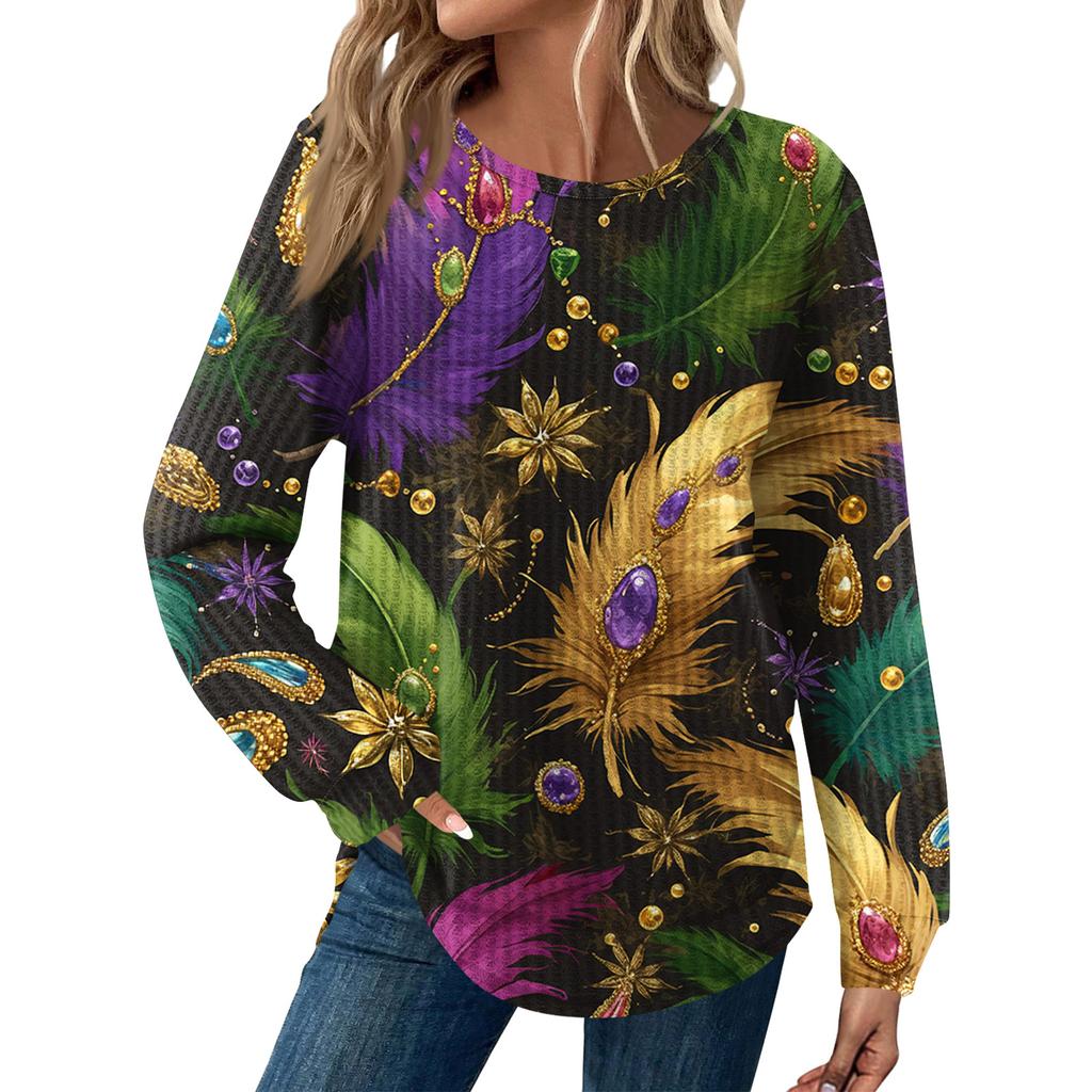 Women's Fashion  Loose Long Sleeve Carnival Print  Round Neck Casual Top