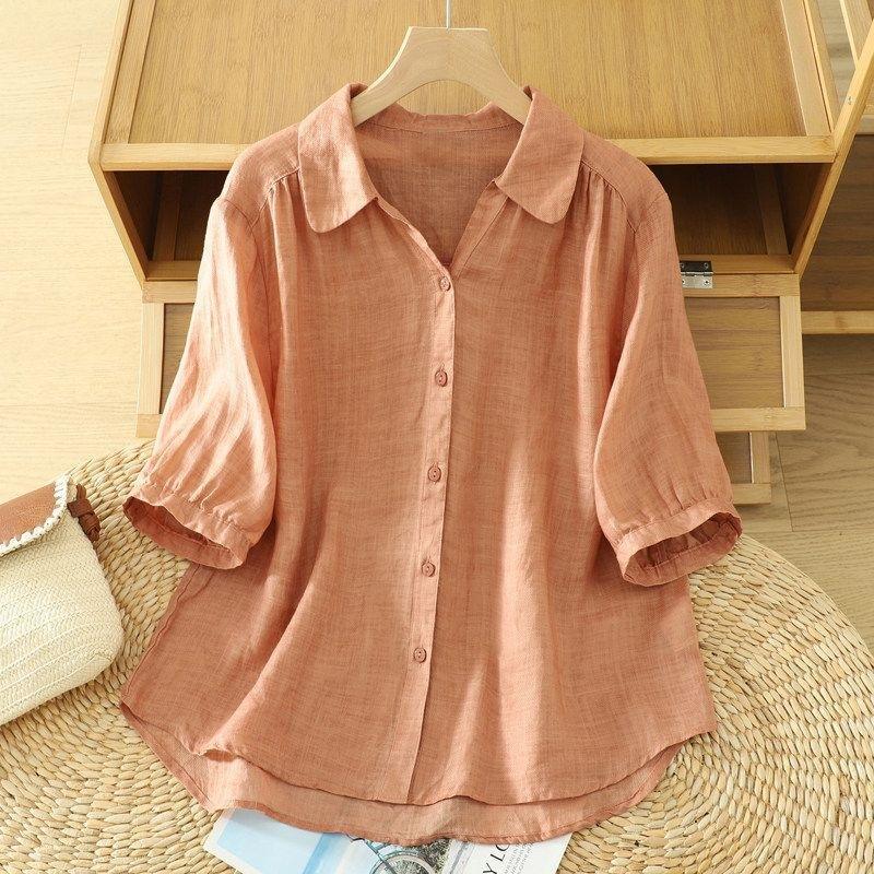 Women S Loose Short Sleeve V Neck Linen Cotton Blend Shirt Summer M оранжевый