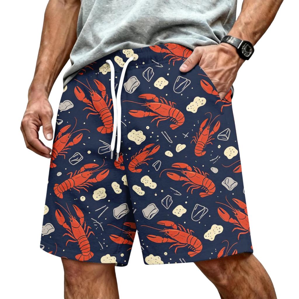 Men's Hawaiian Print Mesh Shorts with Drawstring Elastic Waist for Summer Beach