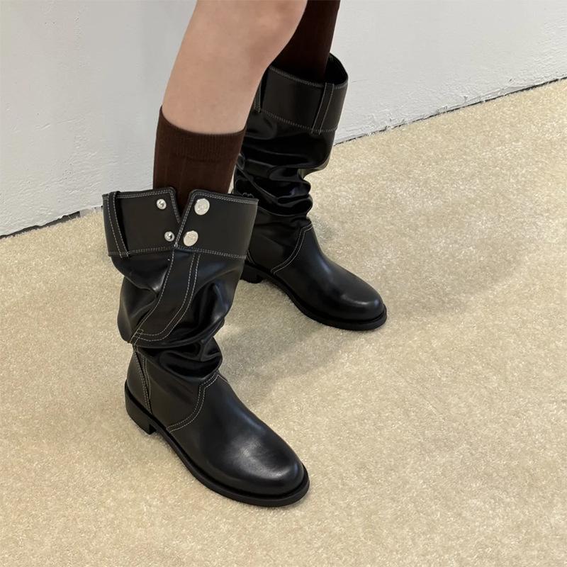 Cowhide version niche trousers fashion boots genuine leather stacking boots women's retro pleated boots round head but knee knight boots