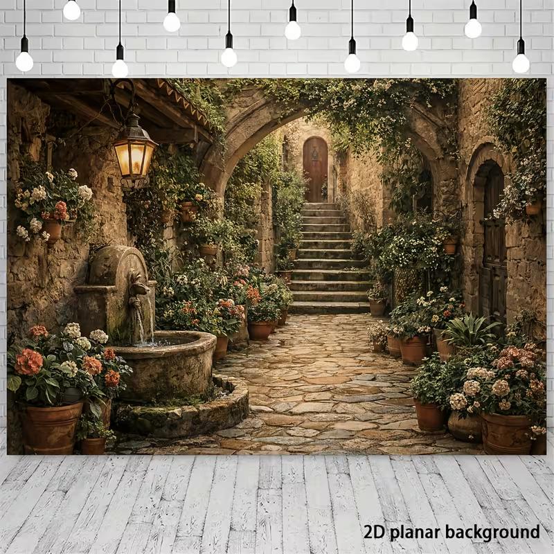 2D Mediterrane Gasse Wandteppich Steinischer Hof mit Brunnen, Treppe und Efeuranken Wandkunst