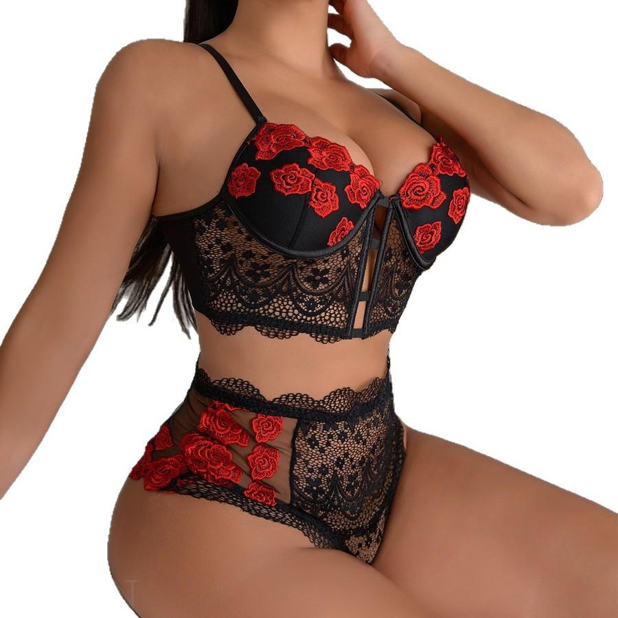 Rose embroidered mesh deep V hollow gathering bra large size sex suit prom queen outfit