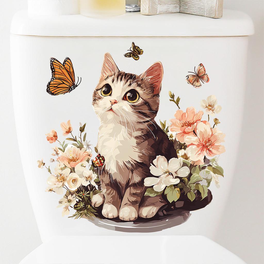 Cute Floral Kitten Toilet Lid Sticker Self-Adhesive Removable Bathroom Decor