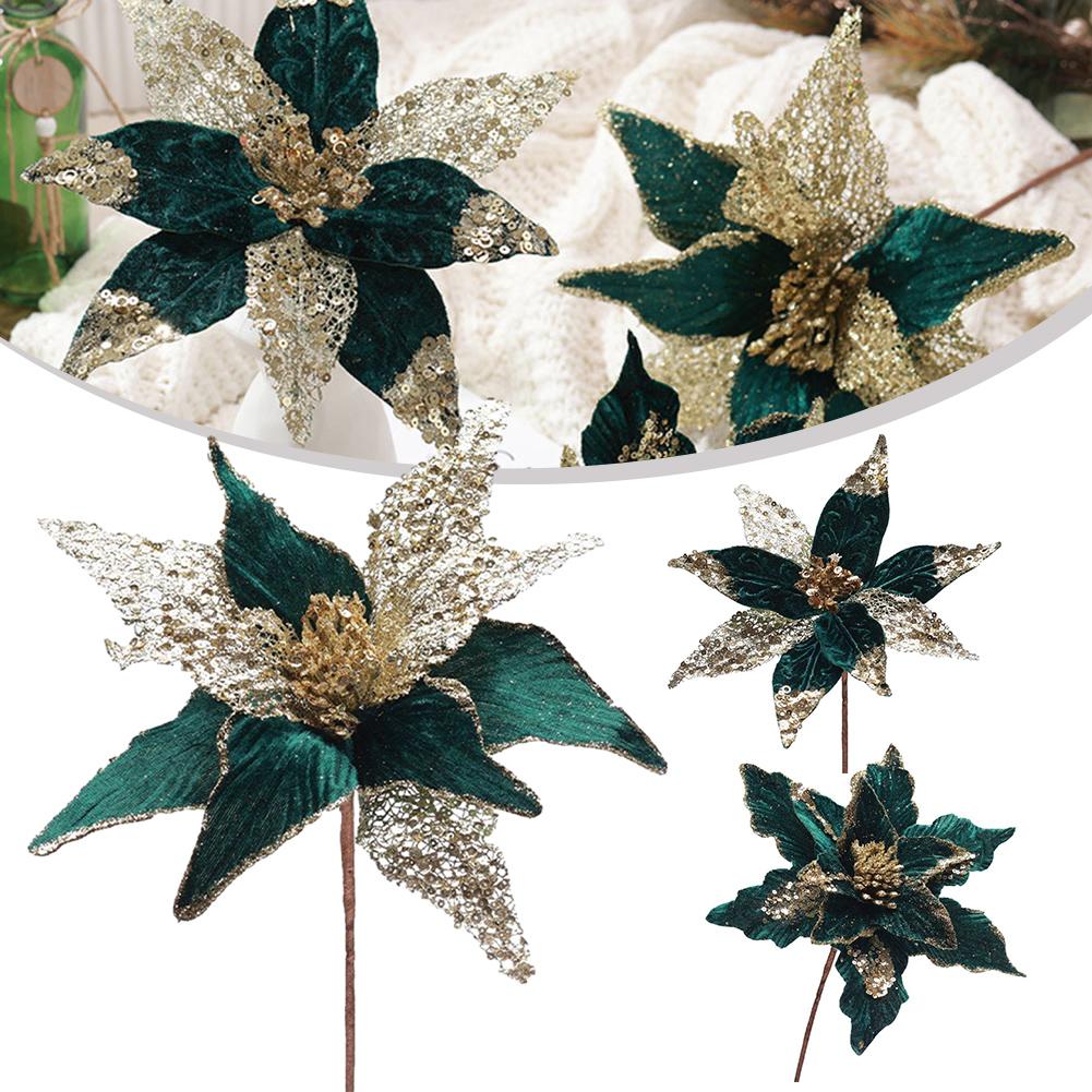 Glitter Christmas Flower Poinsettia Tree Atmosphere Cloth+Plastic Decoration Garden Hanging Wedding Xmas Practical