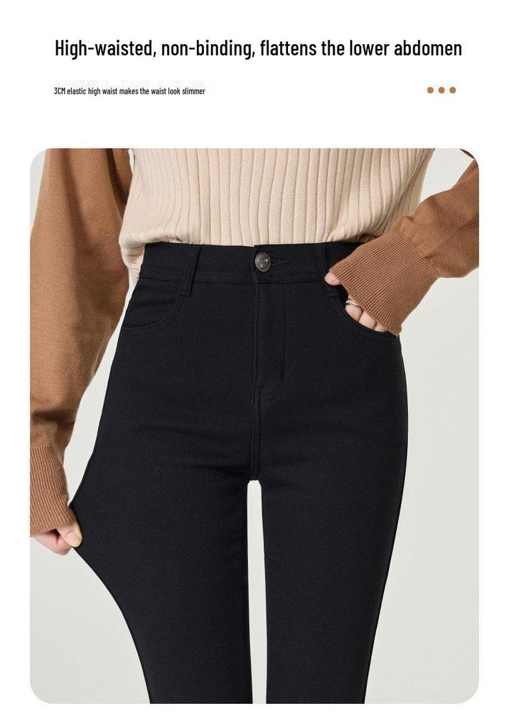 Women's Black Fleece-Lined Thermal Leggings: Warm, High-Waisted, Slim-Fit, Versatile, Thick, Trendy for Autumn/Winter