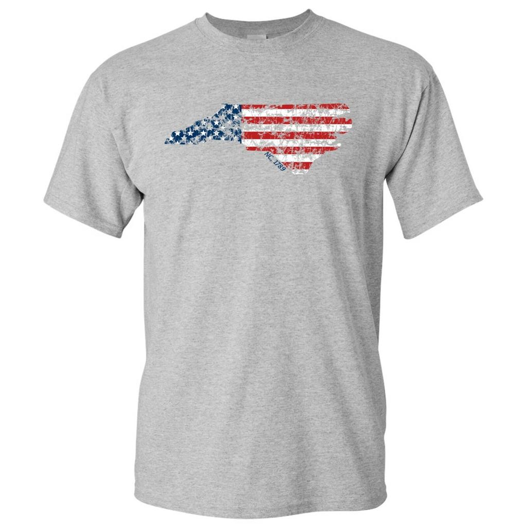 North Carolina 1789 American Flag Outline - Patriotic T Shirt - Sport Grey