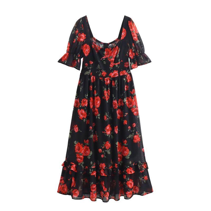 Kaslead New Arrival Women's Clothing Fashion Style Fashion Square Collar Mesh Floral Print Waist-Tight Elegant Ruffled Long Dress