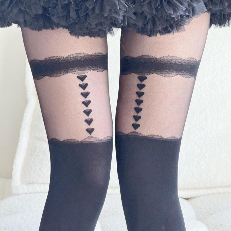 Japanese Lolita Heart-Trim Lace Tights - Black Silk Stripe Socks for Women, Spring/Summer