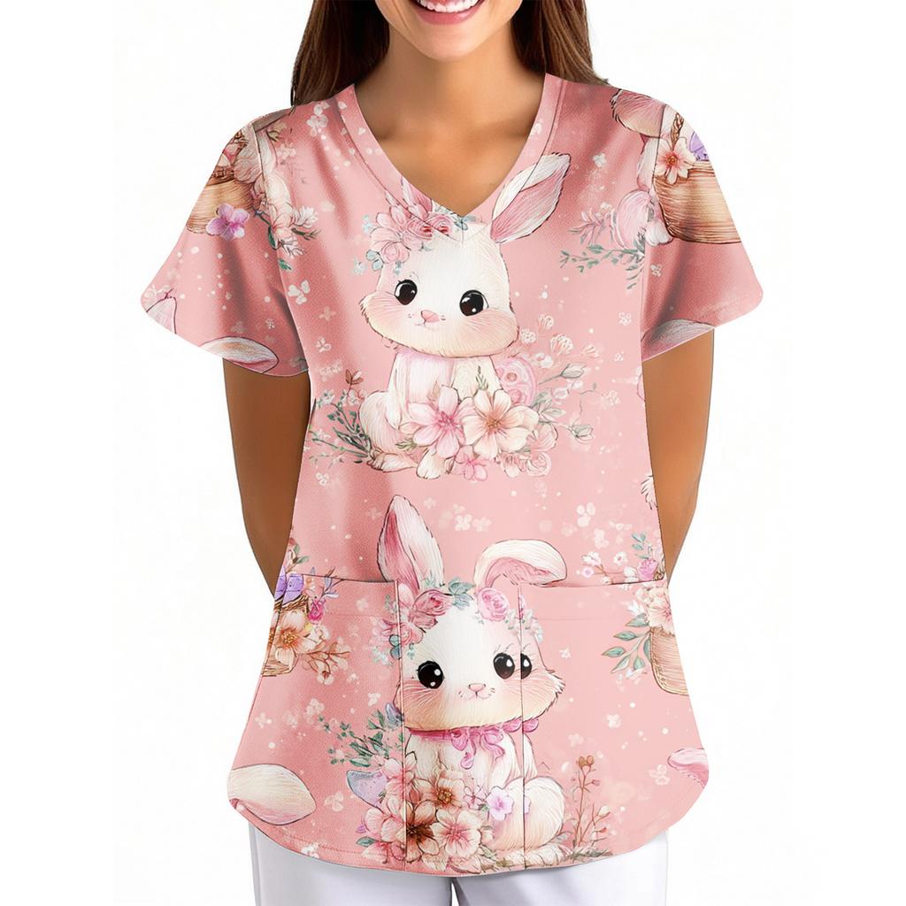 T-shirt à imprimé de Pâques pour femme, ample, col en V, avec poche, manches courtes, pour soignant/Uniforme