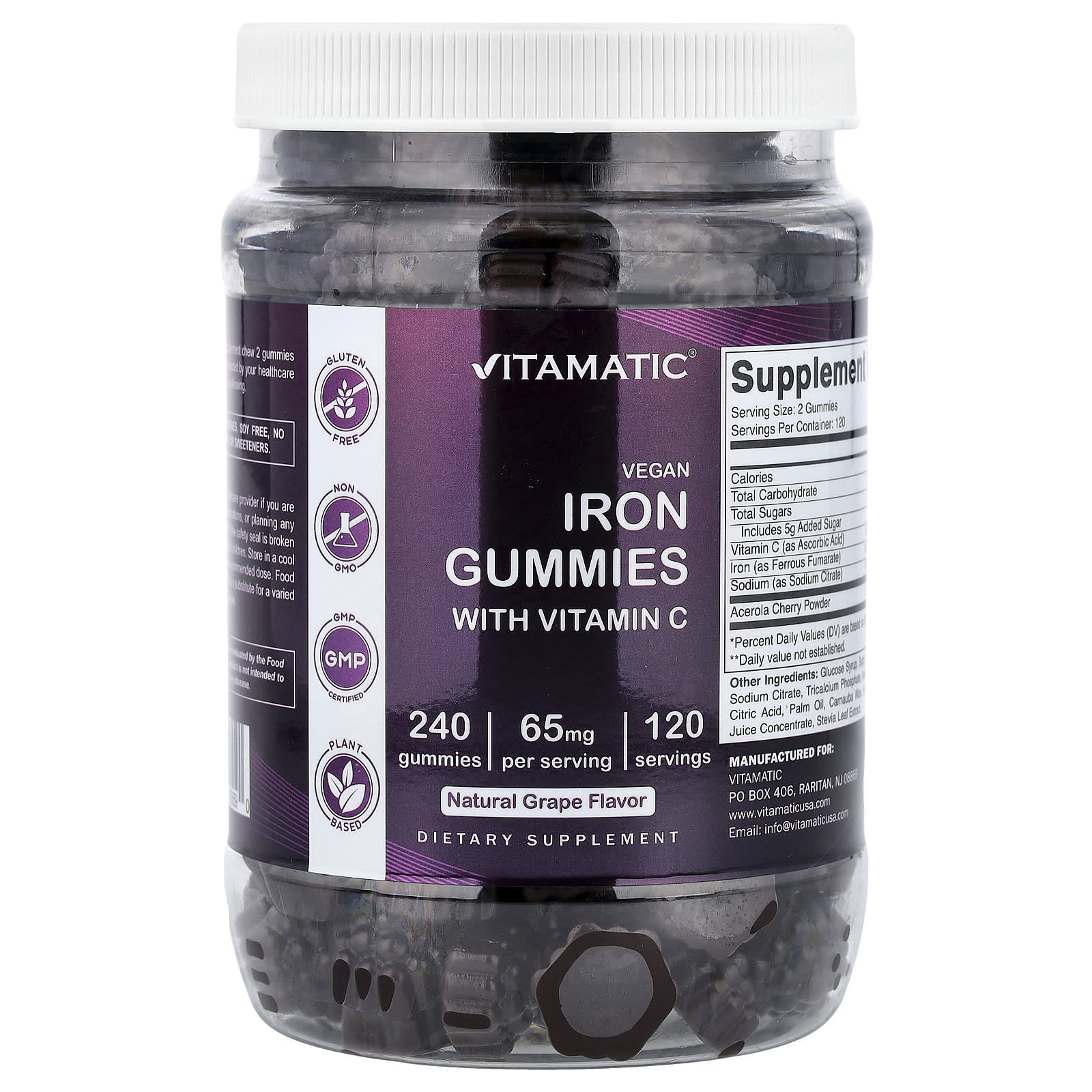 

Vitamatic, Vegan Iron Gummies with Vitamin C, Grape Flavor, 240 Gummies
