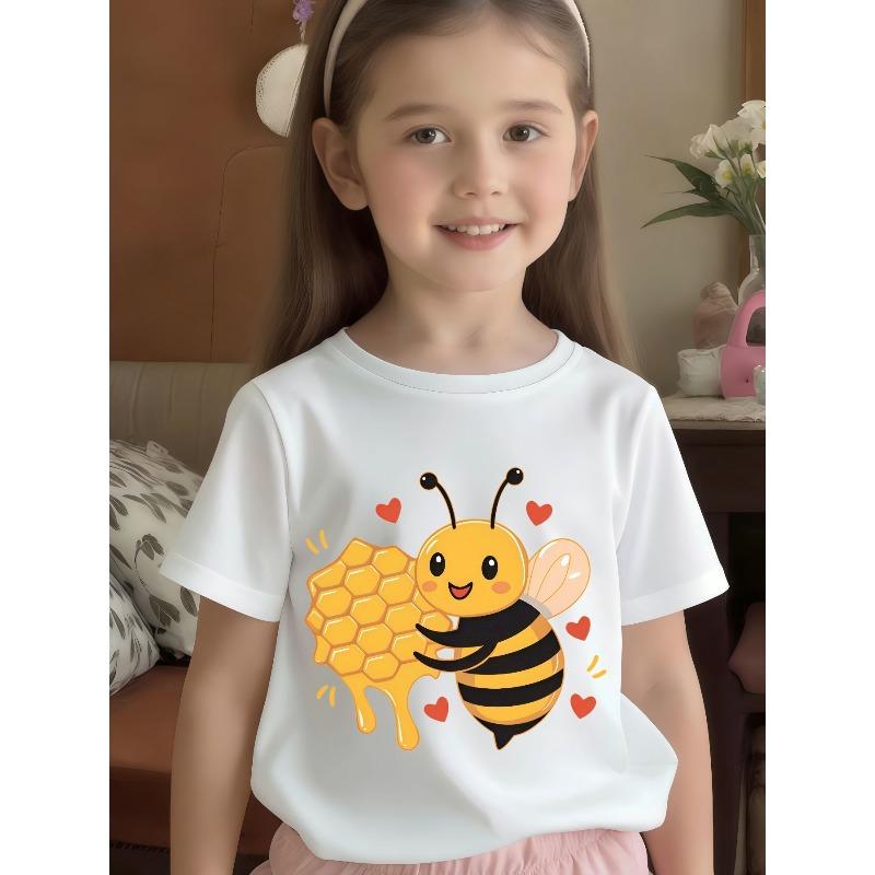 European Sizes Children's Summer Short-Sleeve T-Shirt, Cartoon Print Top for Girls, Featuring a Cute Design, Suitable for Outings and Daily