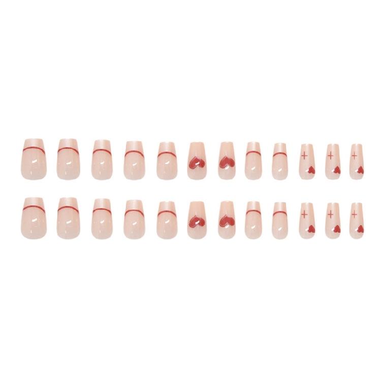 Fashionable Short Square Valentines Day False Nail French Tips Heart Designs Press On Nail Artificial Nail for Women
