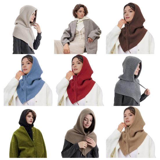 Men Women Shawl Scarf Solid Color Adjustable Drawstring Hooded Design Scarf 2 In 1 Winter Outdoor Hooded Wrap