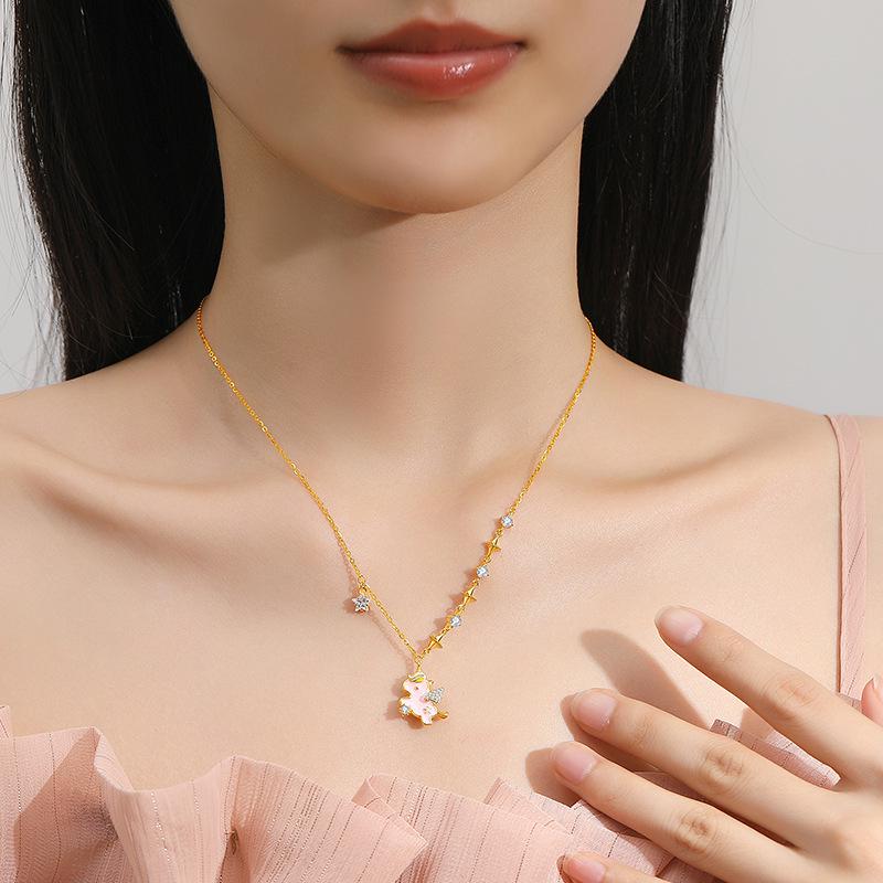 Tichia Rainbow Unicorn Necklace: S925 Silver Starry Collarbone Chain for Women