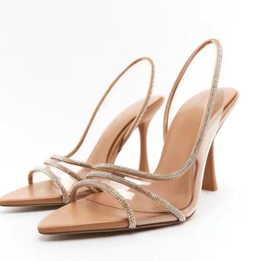 Fashion High Heels Sandals Women's 2025 Summer New Fairy Style Sexy Shallow Mouth Back Hollow Pointed Water Diamond Open Toe Sandals