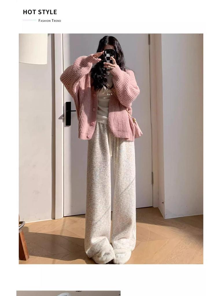 > "Petite High-Waisted Fleece-Lined Wide-Leg Pants for Autumn/Winter"